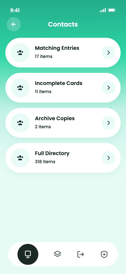 Contacts menu with matching entries, incomplete cards and archive copies