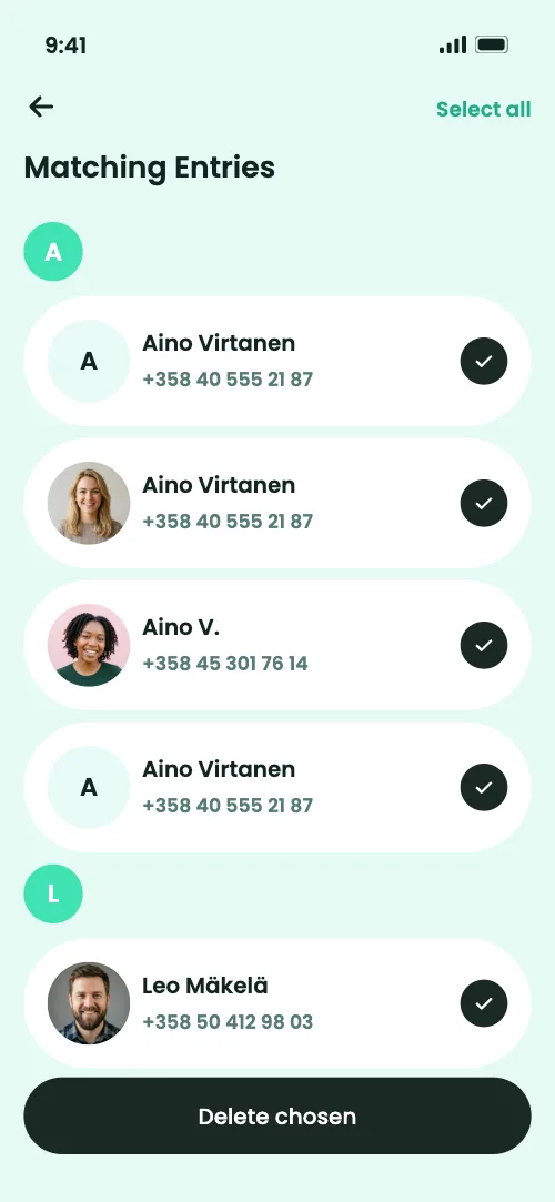List of matching contacts with multi-select deletion