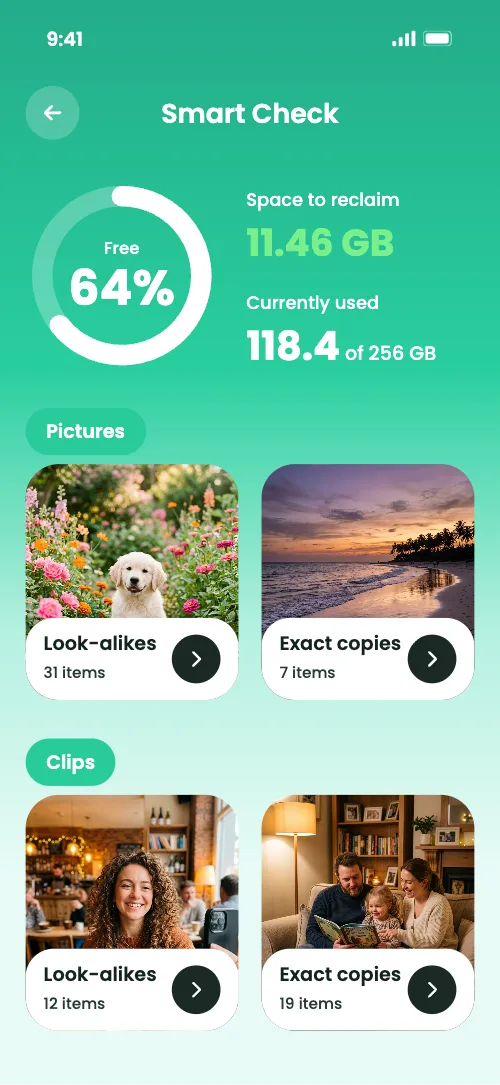 Smart Check results screen with 64% of storage ready to reclaim